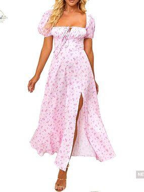 Puff Sleeve Floral Maxi Dress Backless High Slit A-Line Summer Formal